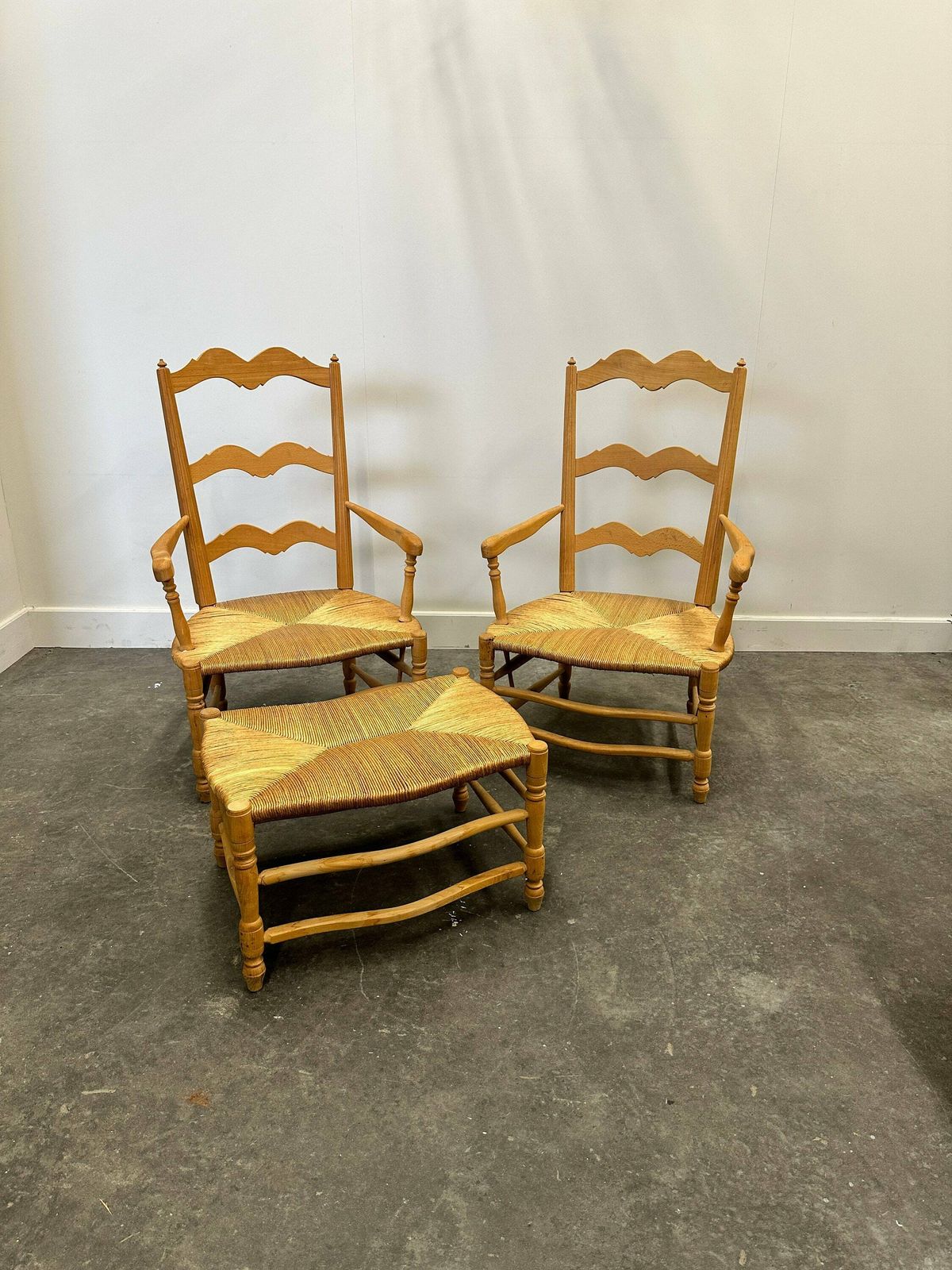 Pair Of French Provencal Radassier Beech Chairs And Ottoman, With Rush Seating. 1970s. photo 540.0