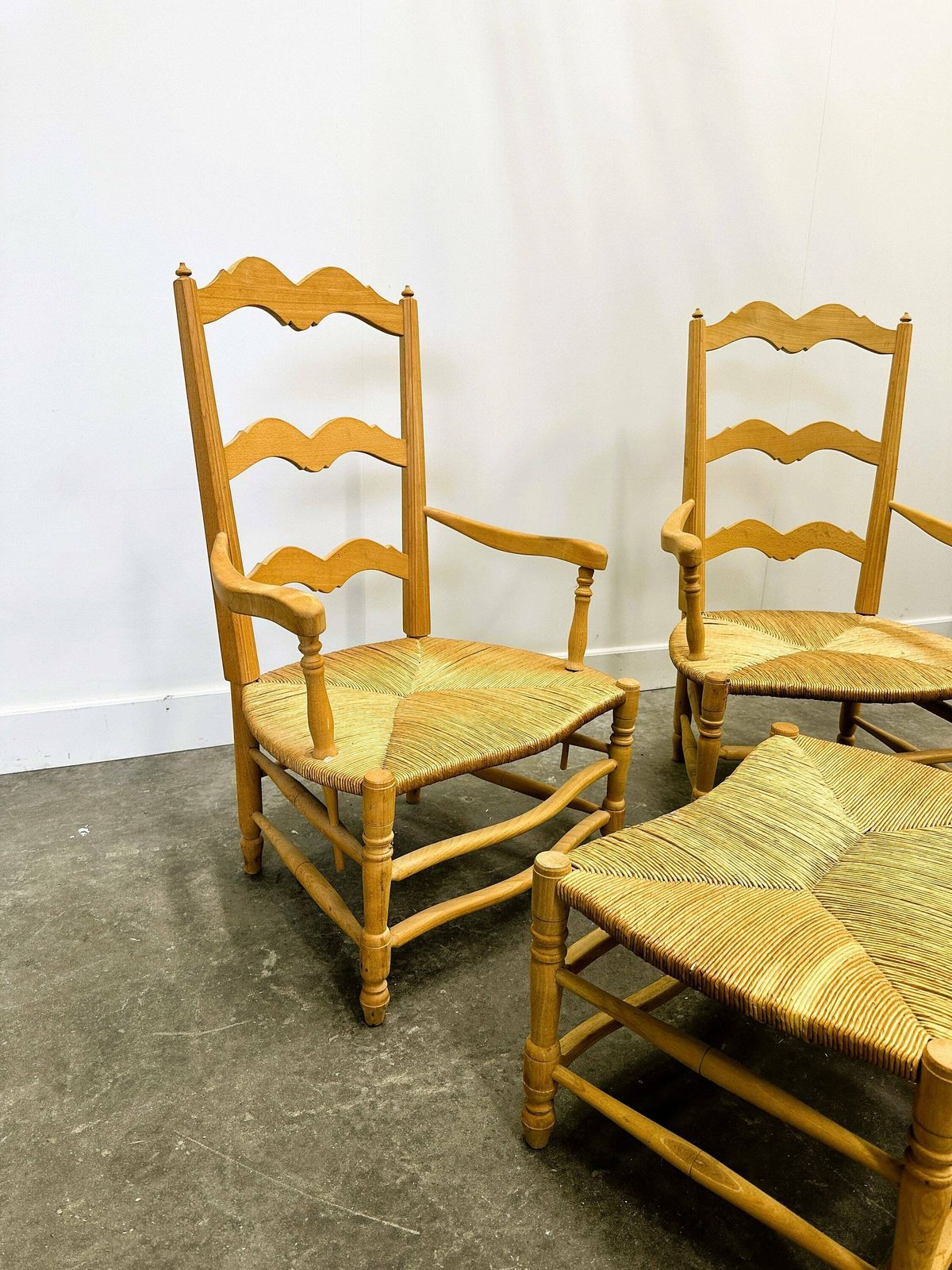 Pair Of French Provencal Radassier Beech Chairs And Ottoman, With Rush Seating. 1970s. photo buy
