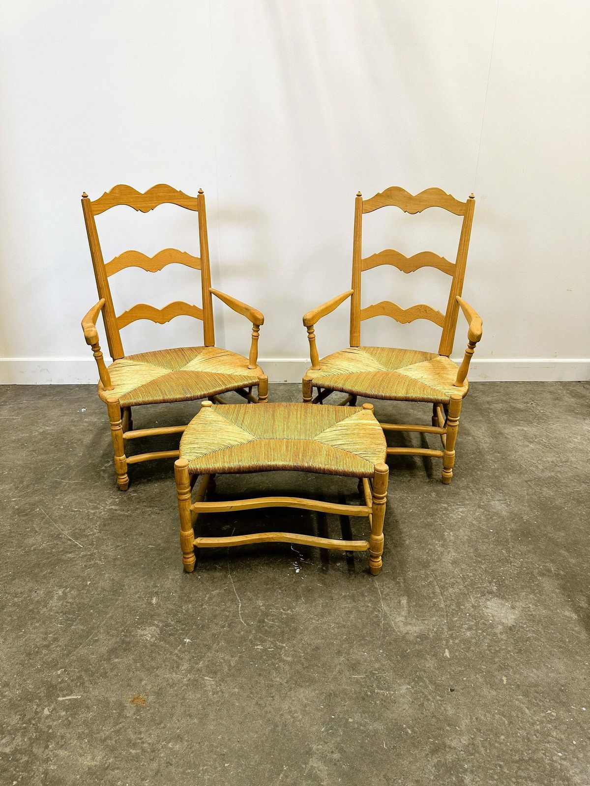 photo for sale Pair Of French Provencal Radassier Beech Chairs And Ottoman, With Rush Seating. 1970s.