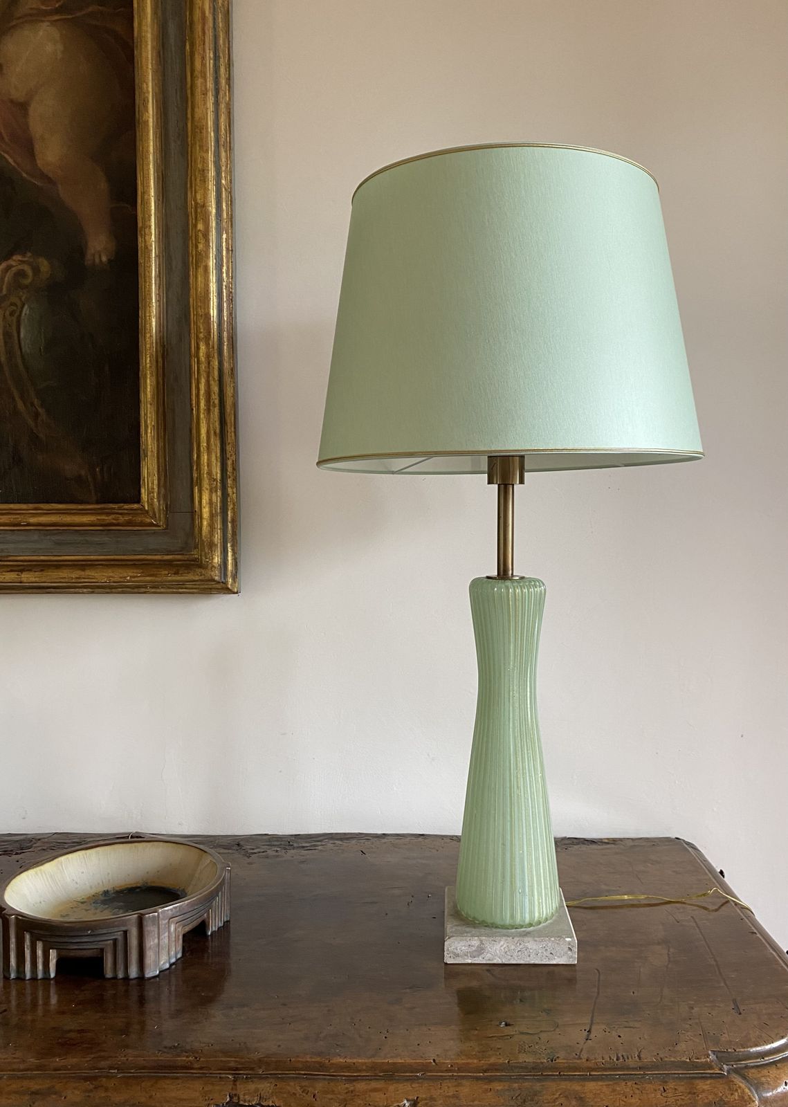 photo for sale Mid Century Modern Green Murano Glass Table Lamp, Barovier & Toso Italy, 1940s