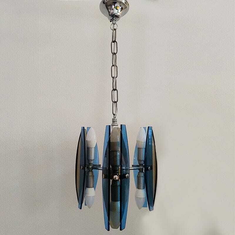 1970s Gorgeous Blue And Smoked Glass Pendant Lamp By Veca. Made In Italy photo furniture