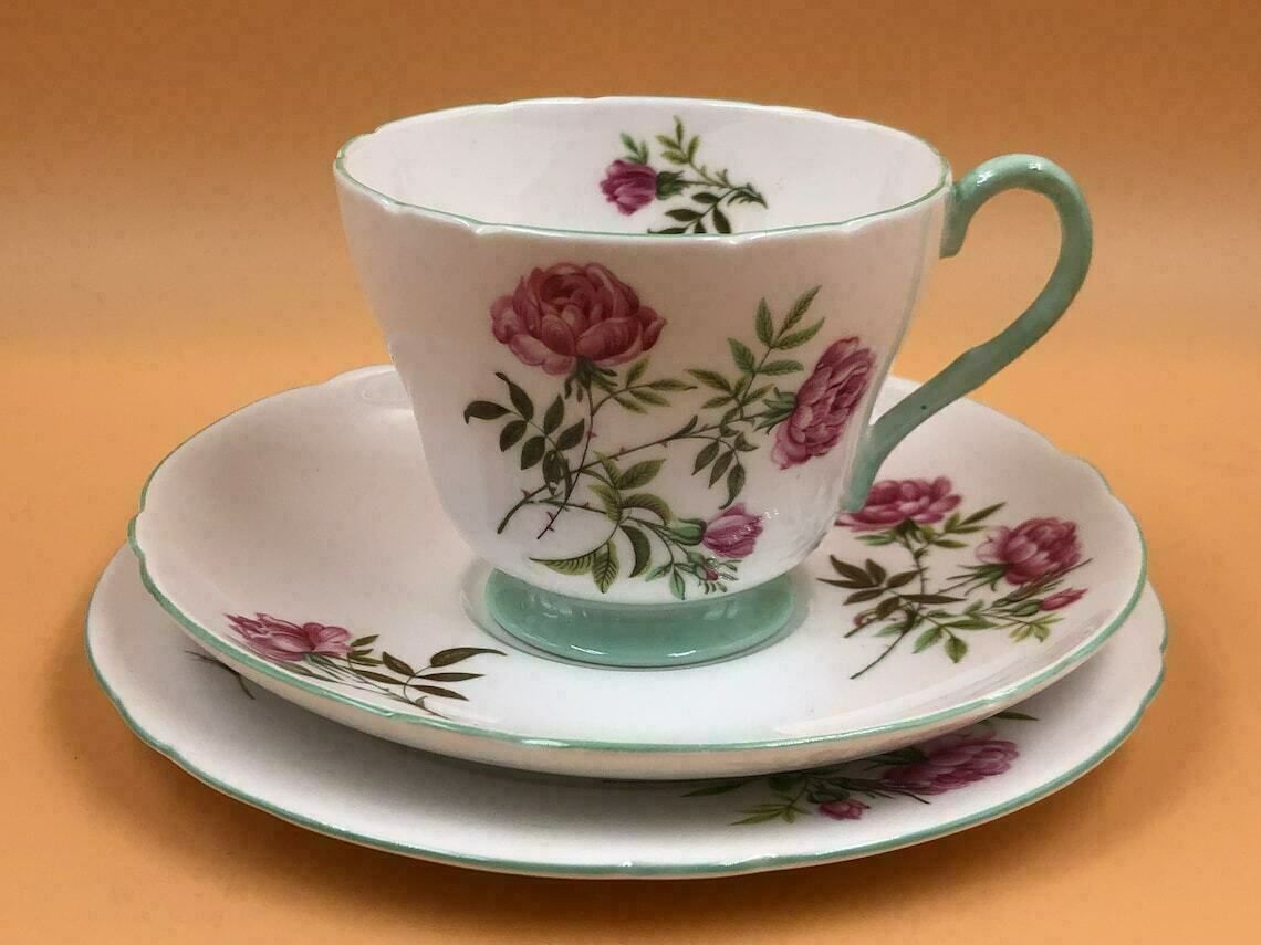 Vintage Shelley China Eglantine Design Richmond Shape Tea Cup, Saucer And Side Plate Trio. 2383. photo furniture