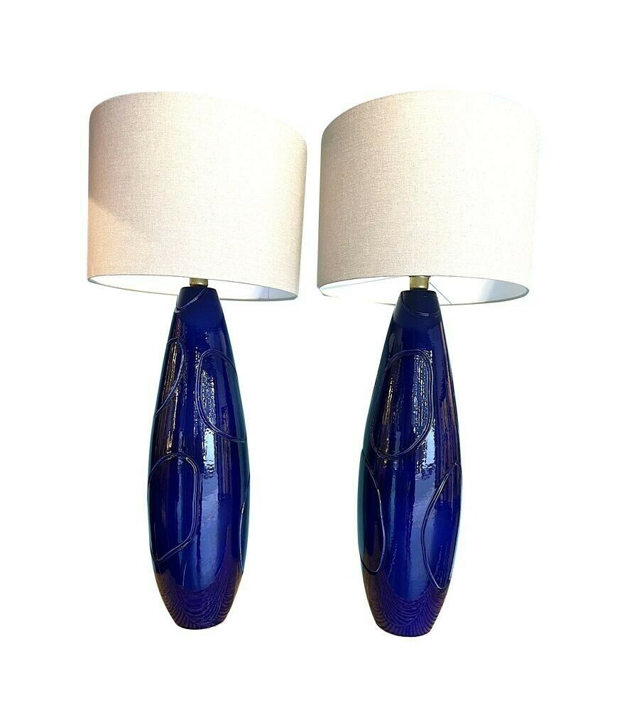A Pair Of Italian 1980s Large Blue Ceramic And Brass Lamps, Rewired With With New Fittings. Shades Included And Dimensions Are With The Shades. photo for sale