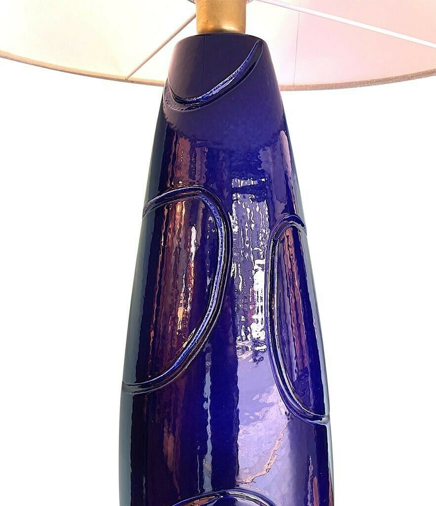 A Pair Of Italian 1980s Large Blue Ceramic And Brass Lamps, Rewired With With New Fittings. Shades Included And Dimensions Are With The Shades. photo vintage