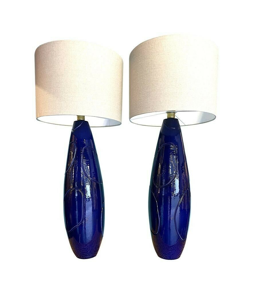 photo furniture A Pair Of Italian 1980s Large Blue Ceramic And Brass Lamps, Rewired With With New Fittings. Shades Included And Dimensions Are With The Shades.