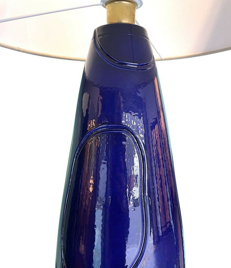 2250.0 A Pair Of Italian 1980s Large Blue Ceramic And Brass Lamps, Rewired With With New Fittings. Shades Included And Dimensions Are With The Shades. photo
