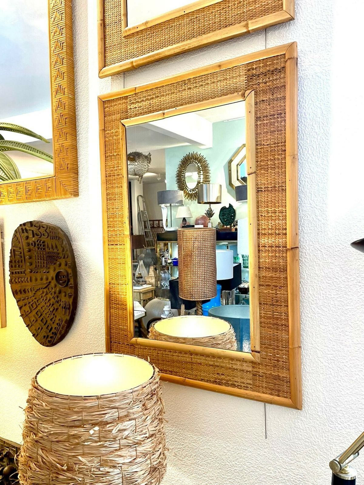A Pair Of Large Italian 1970s Bamboo And Woven Rattan Mirrors By Dal Vera photo furniture