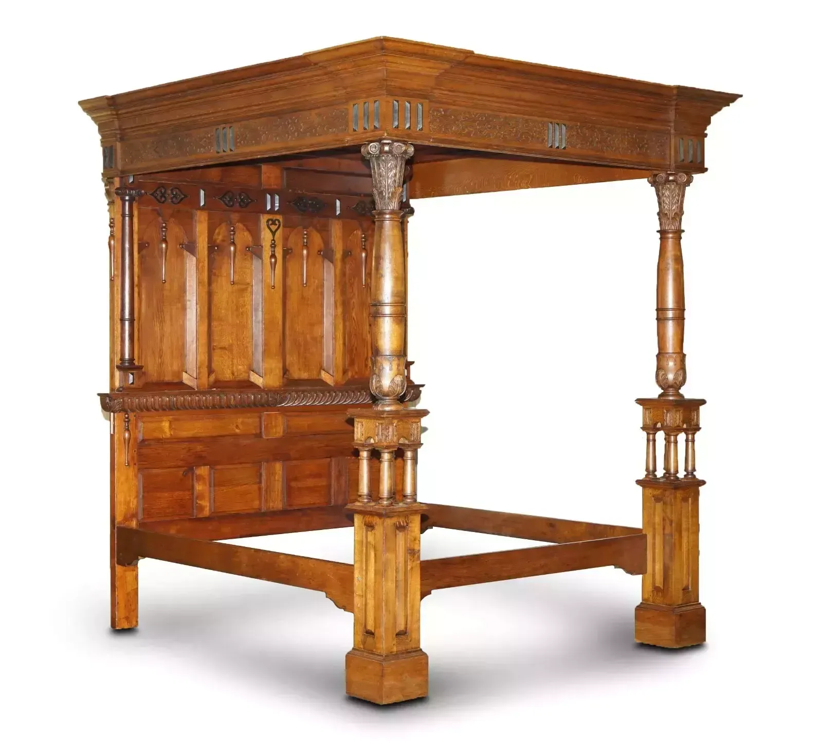 Monumental 3 Meter Emperor Antique Circa 1880 Carved English Burr Oak Tester Bed