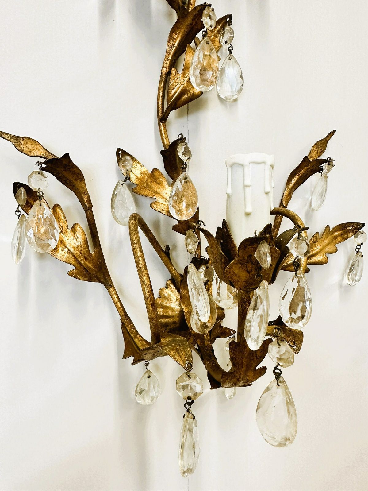 Vintage Gouden Bladgoud Kristallen Wandlampen Met 1 Lichtpunt, Ca. Jaren 1950. photo 522.0
