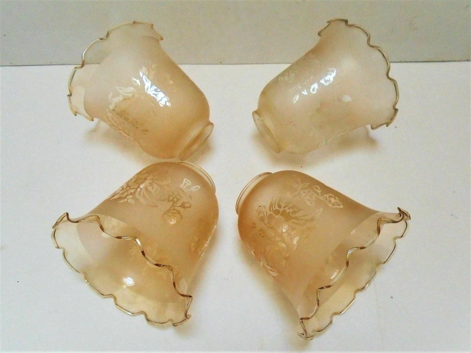 3 Vintage French Soft Peach Frosted Glass Etched Lamp Shades