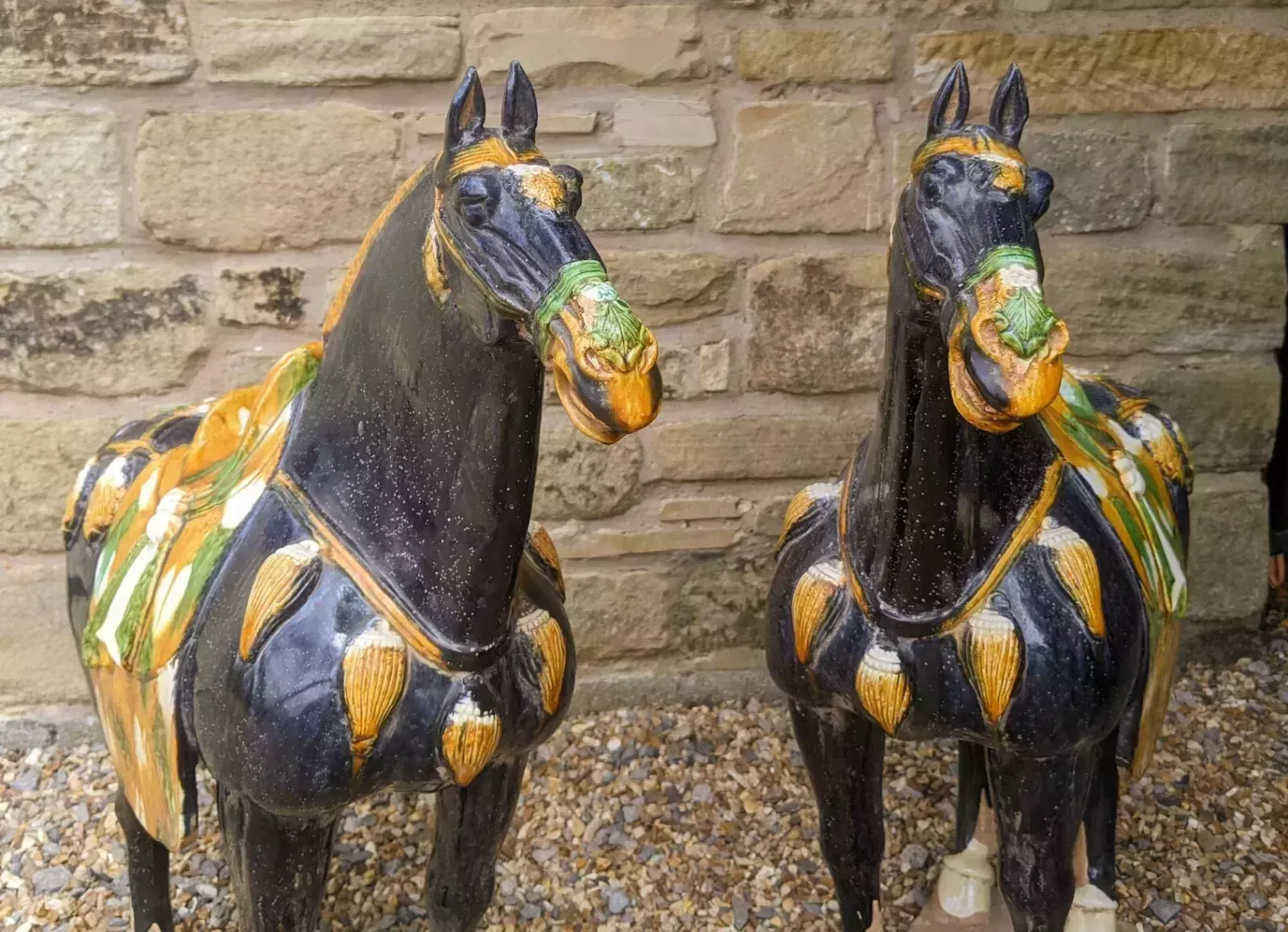Handsome Pair Of Large Chinese Tang Horses In Sancai Glaze photo for sale