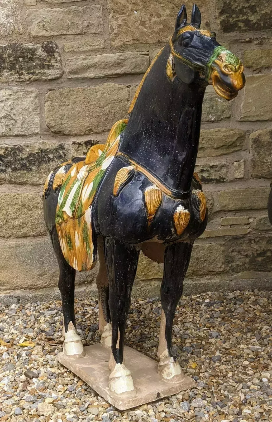 Handsome Pair Of Large Chinese Tang Horses In Sancai Glaze photo vintage