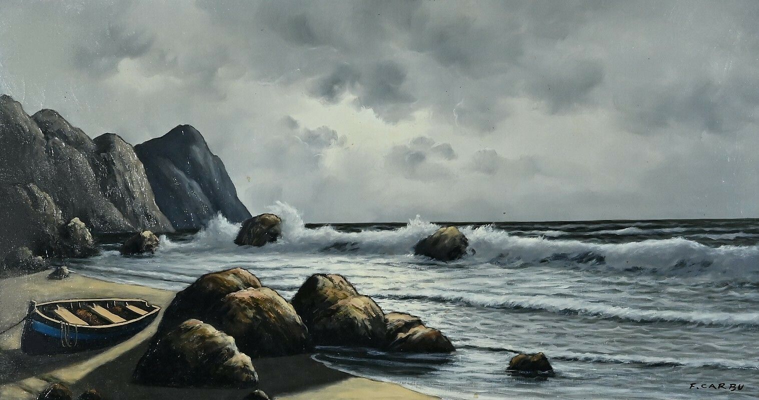 Grande Huile Sur Toile Marine Signée F. Carbu – Xxe photo for sale