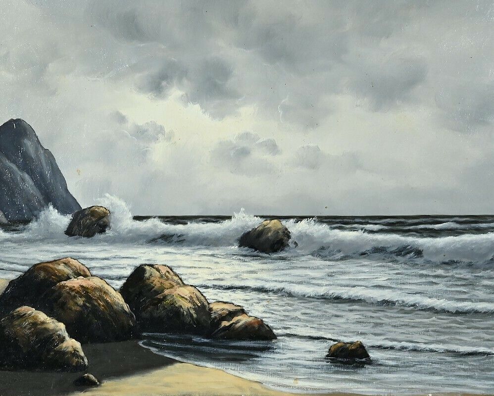 Grande Huile Sur Toile Marine Signée F. Carbu – Xxe photo vintage