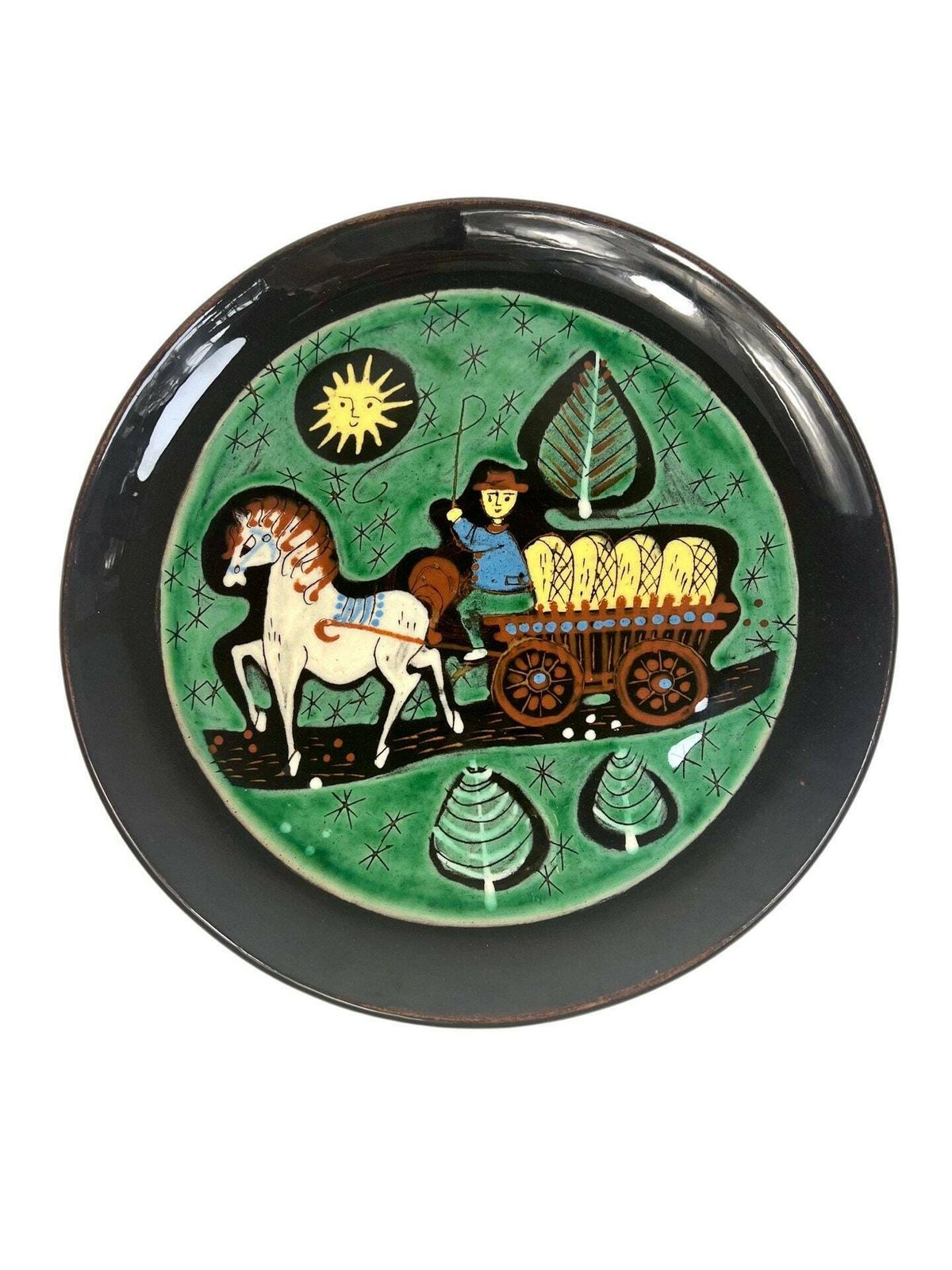 Mcm Swiss Pottery Wall Plate Horse Theme Gift   Hand Painted European Ceramic Art Grandpa Chic Wall Plate Dark Brown Mid Century Aesthetic photo furniture