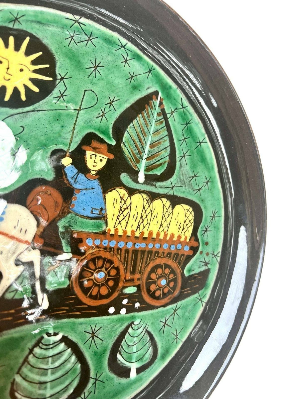 Mcm Swiss Pottery Wall Plate Horse Theme Gift   Hand Painted European Ceramic Art Grandpa Chic Wall Plate Dark Brown Mid Century Aesthetic photo vinterior