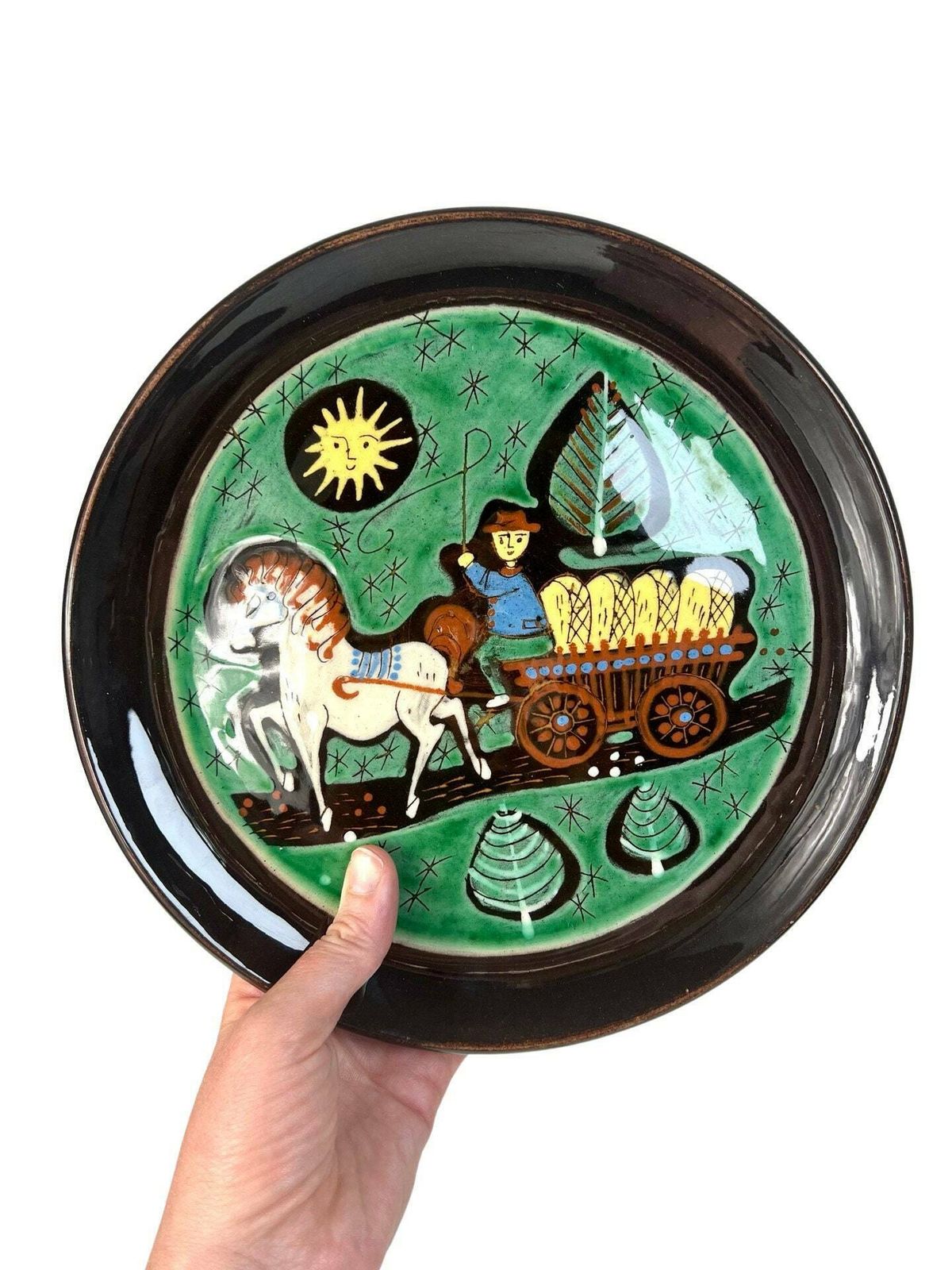 photo furniture Mcm Swiss Pottery Wall Plate Horse Theme Gift   Hand Painted European Ceramic Art Grandpa Chic Wall Plate Dark Brown Mid Century Aesthetic