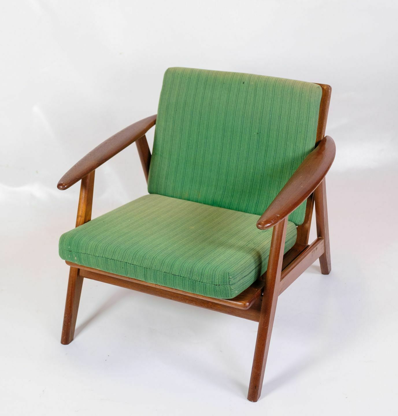 Armchair In Teak & Upholstered In Green Fabric, Danish Design From 1960s