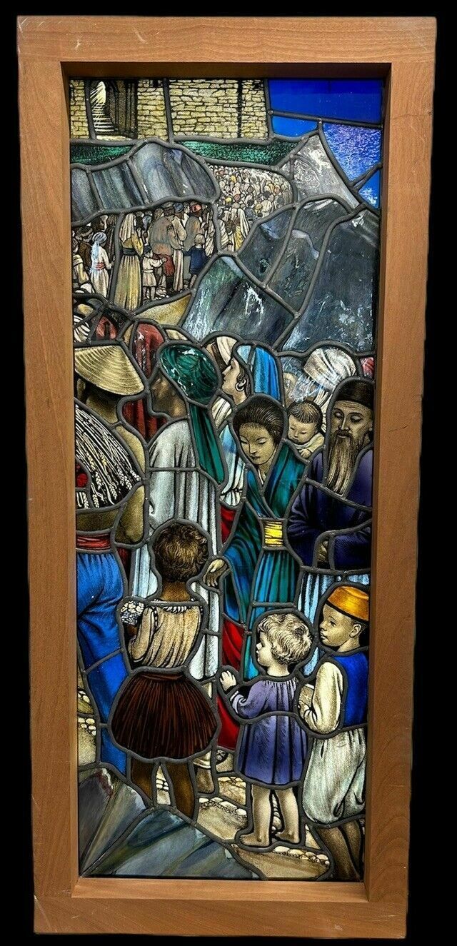 Victorian Stained Glass Hand Painted Rare Window Panel Old Restored Antique Lead