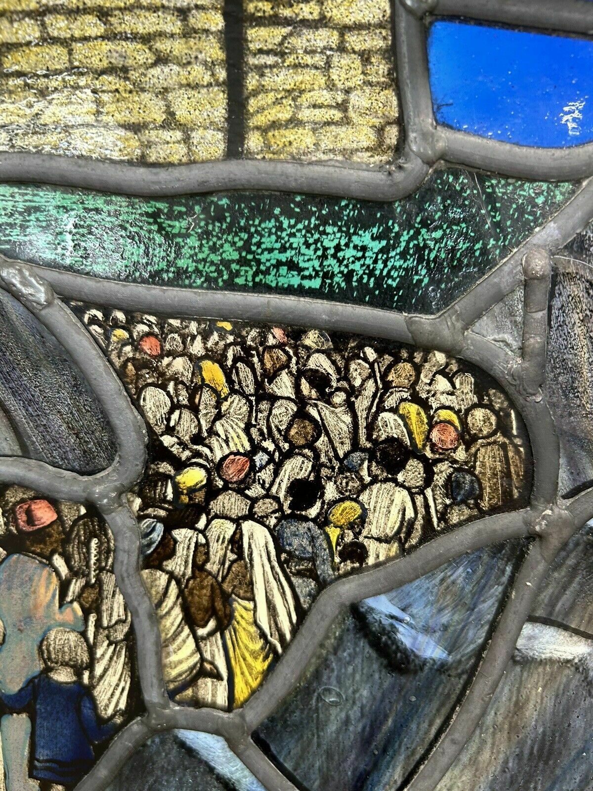 Victorian Stained Glass Hand Painted Rare Window Panel Old Restored Antique Lead photo vintage