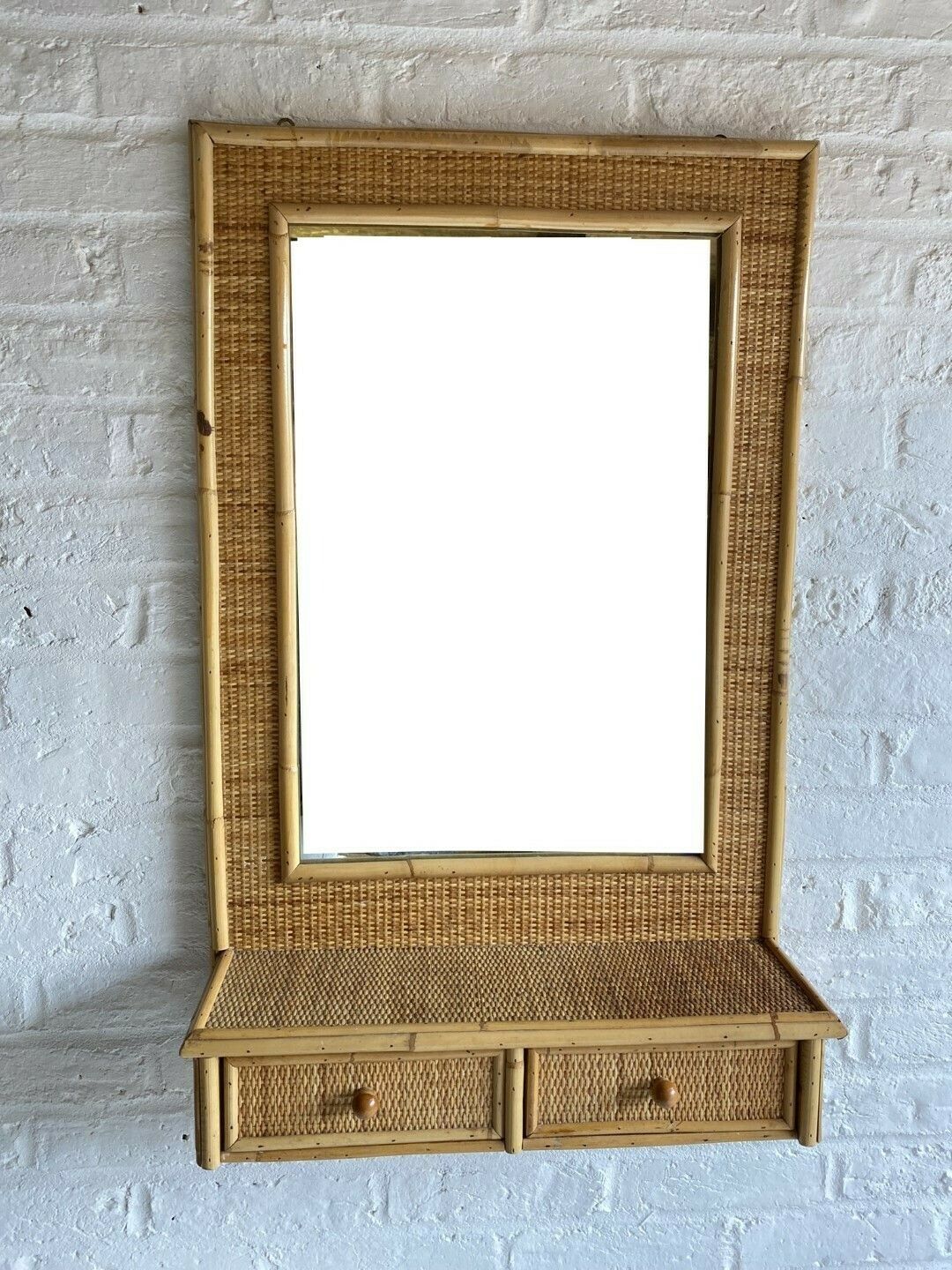 Mid Century Rattan & Cane Wall Mirror With Drawers, Italian, 1970s
