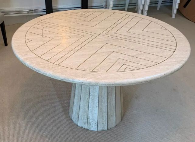 Willy Rizzo Mid Century Travertine Round Dining Table With Brass Inlay, Italian, 1970s photo furniture