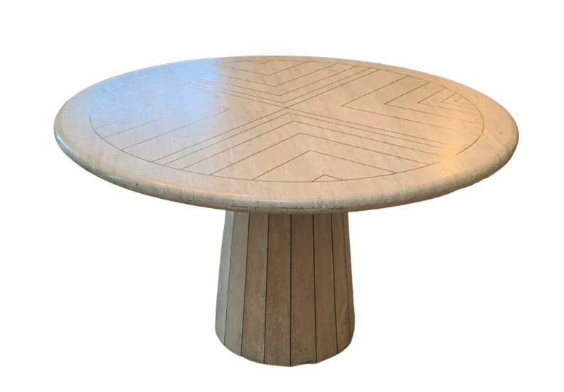 Willy Rizzo Mid Century Travertine Round Dining Table With Brass Inlay, Italian, 1970s