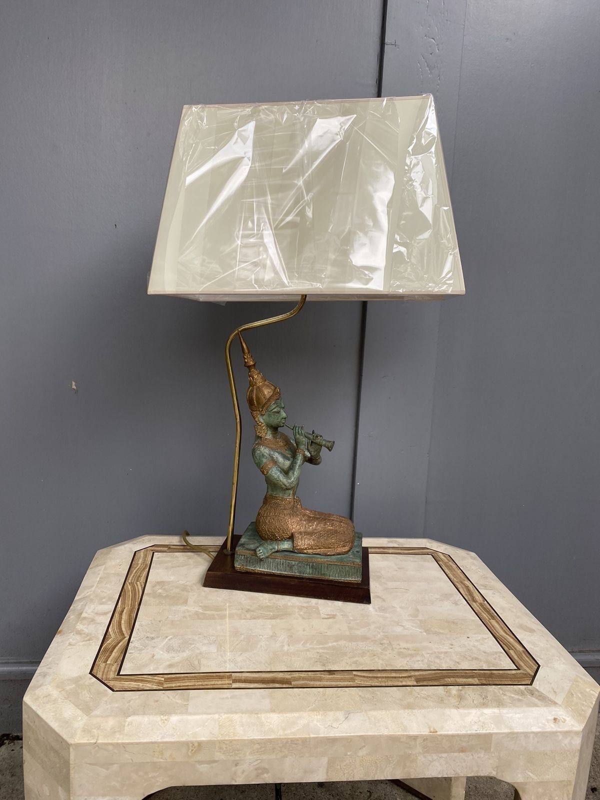 Vintage Bronze Table Lamp Depicting Thai Musician + Shade, 1960s photo buy