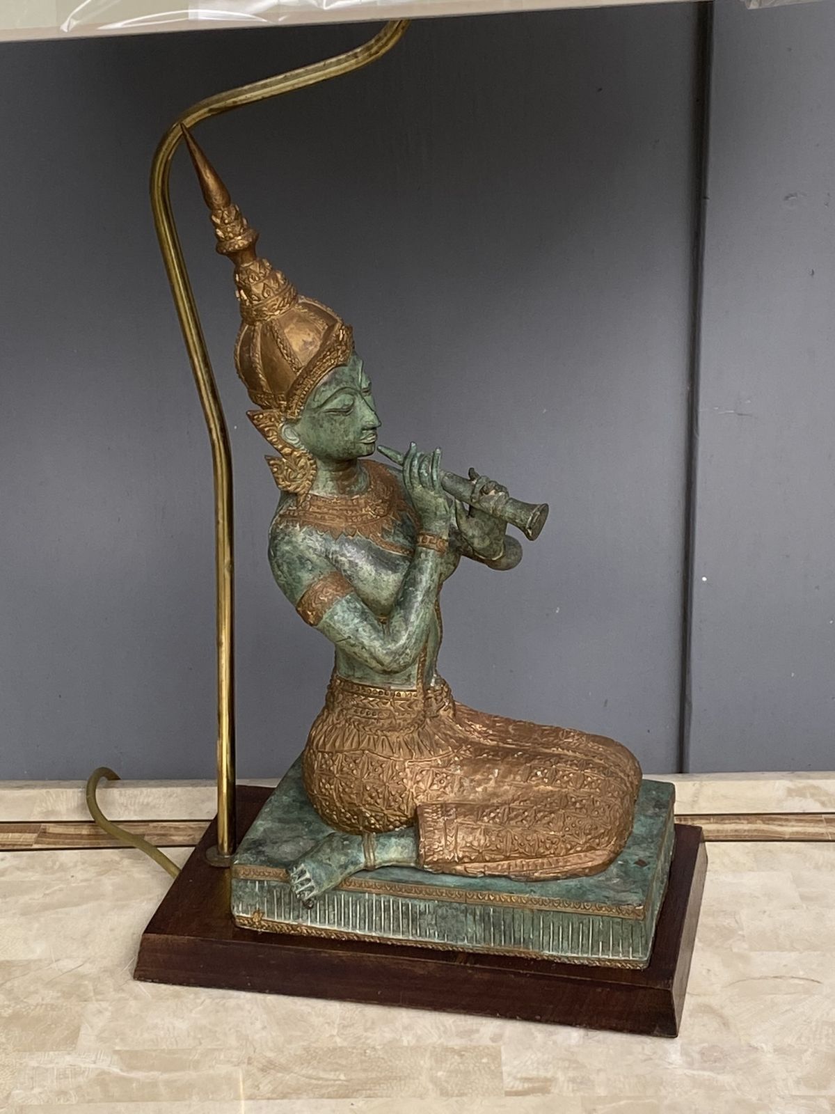 1100.0 Vintage Bronze Table Lamp Depicting Thai Musician + Shade, 1960s photo