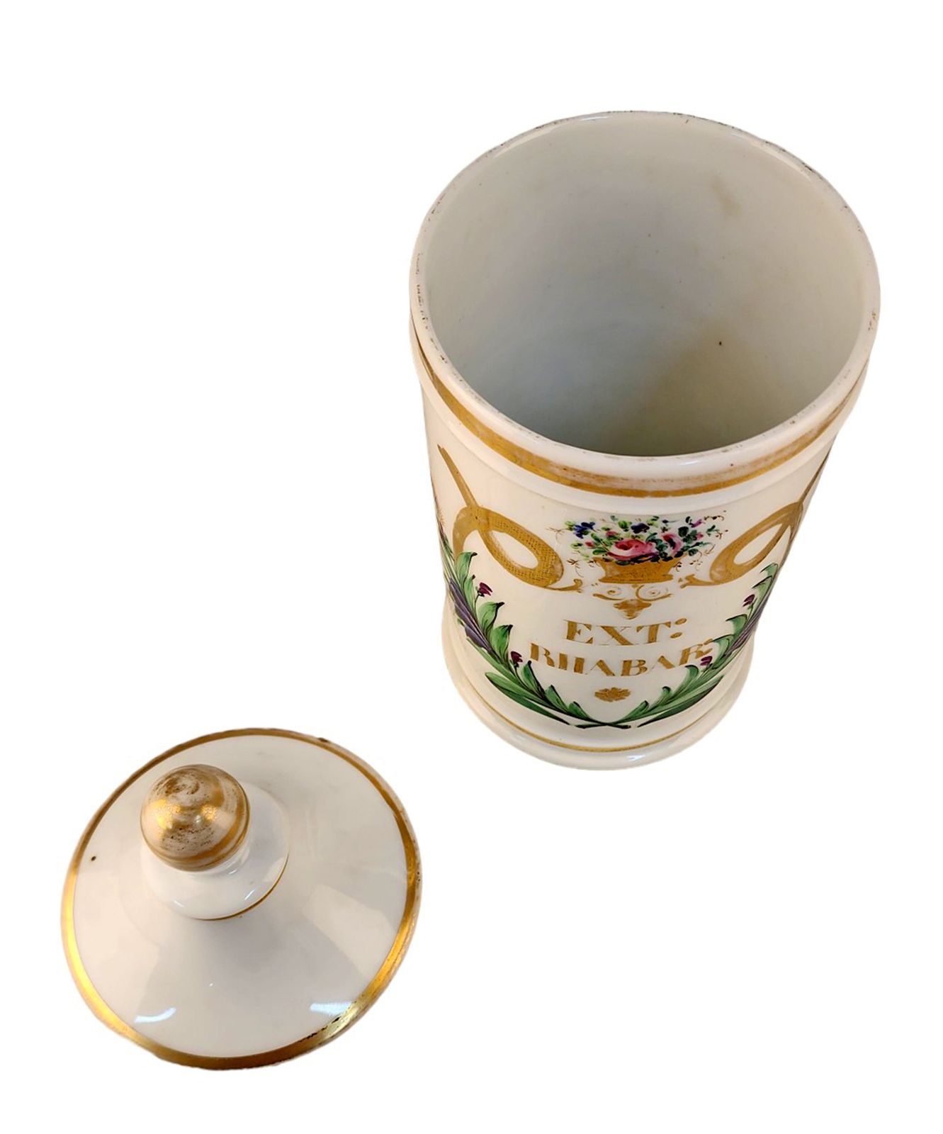 Late 18th Century French Glazed Porcelain Apothecary/Pharmacy Jar With Lid   'Ext Riiabar' photo Home Decor
