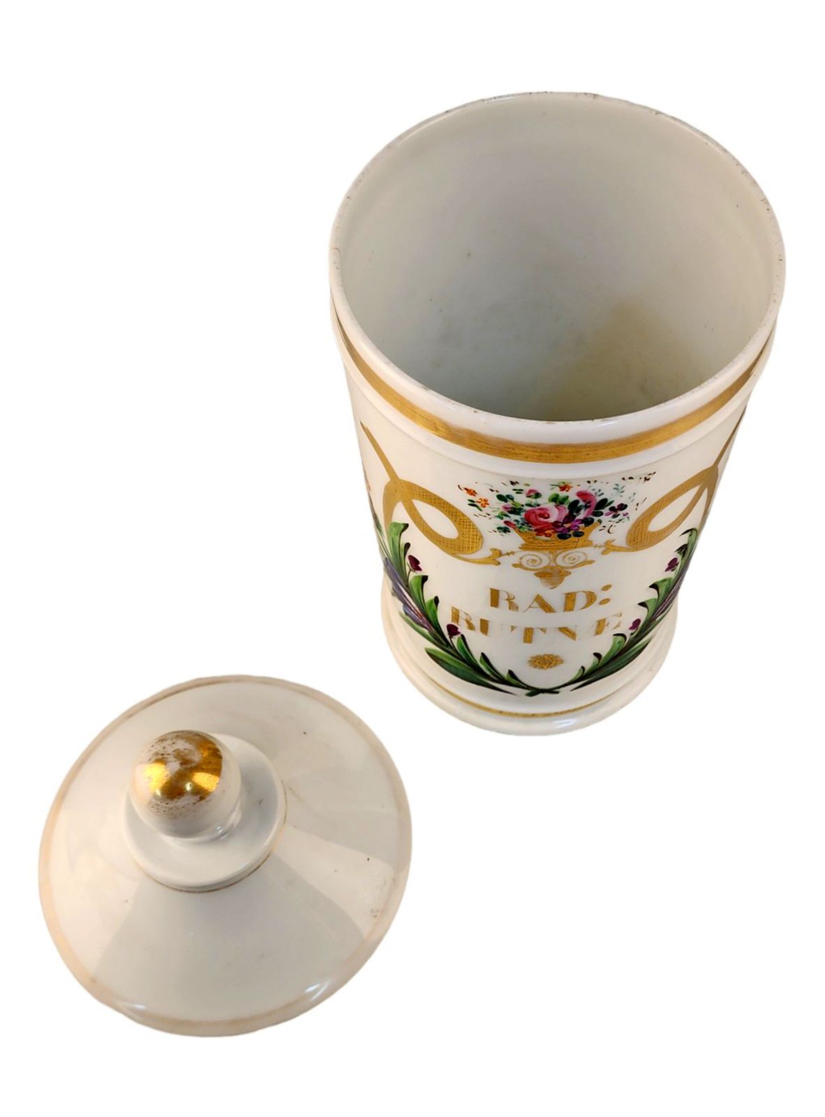 Late 18th Century French Glazed Porcelain Apothecary/Pharmacy Jar With Lid   'Rad: Butne' photo furniture