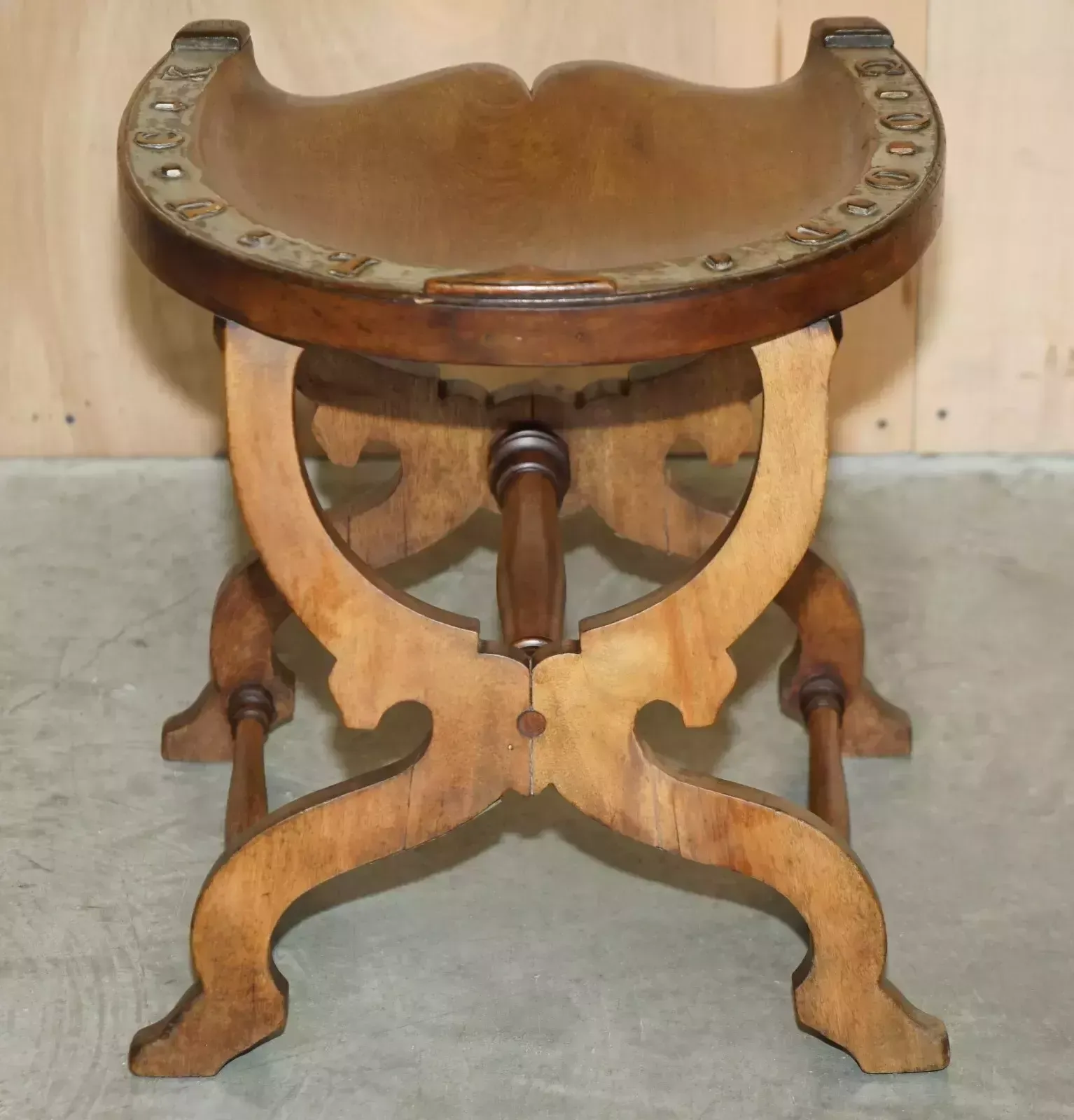 1750.0 Sublime Antique Victorian Hand Carved English Oak "Good Luck" Horse Shoe Stool photo