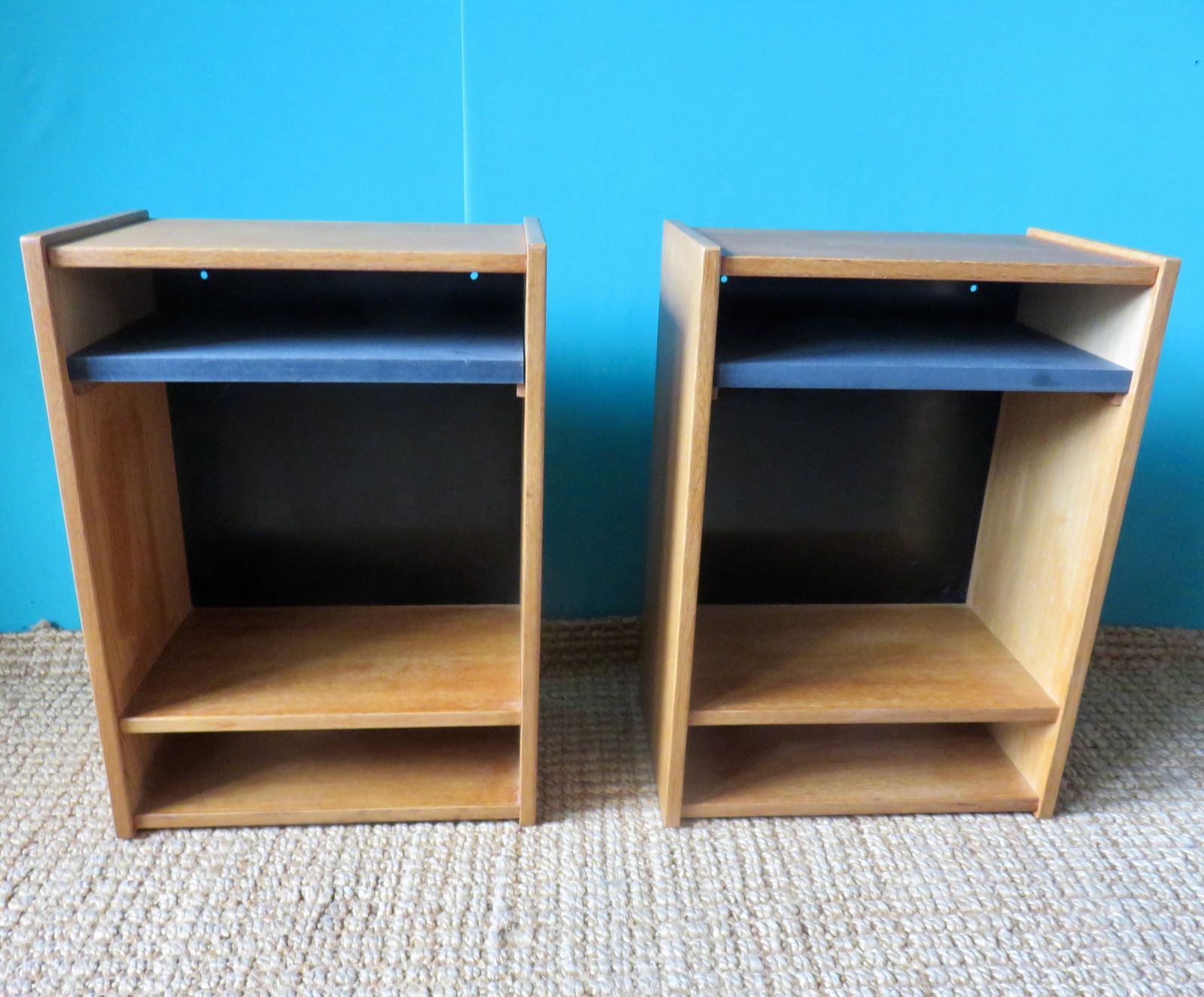 Pair Of Wall Mounted Elm Bedside Tables. Denmark 1980 photo furniture