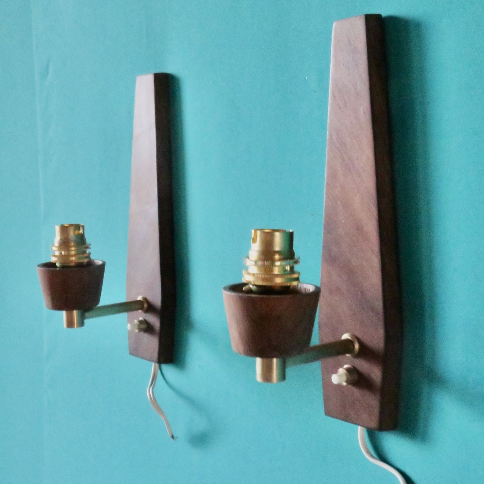 Pair Of “Vitrika” Rosewood Wall Lights, Turquoise Lampshade. Denmark 1960