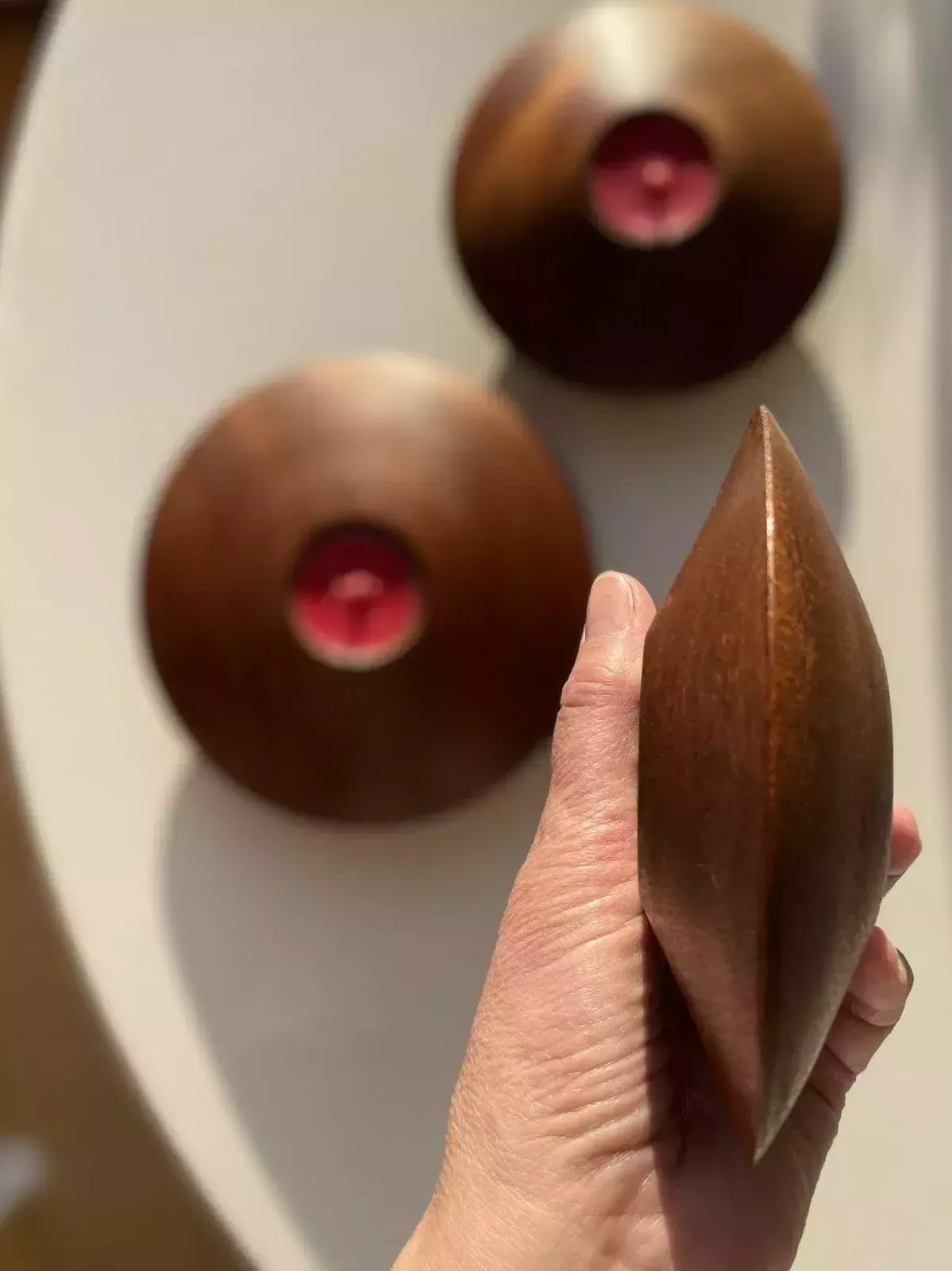 3 Retro Style Turned Mahogany Flying Saucer Tea Light Holders By Roy Hancock photo for sale