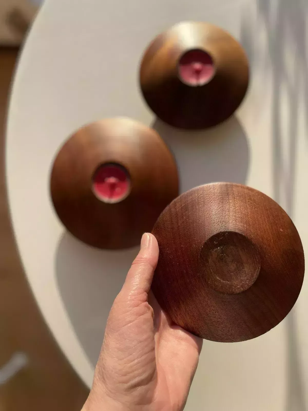 3 Retro Style Turned Mahogany Flying Saucer Tea Light Holders By Roy Hancock photo Home Decor