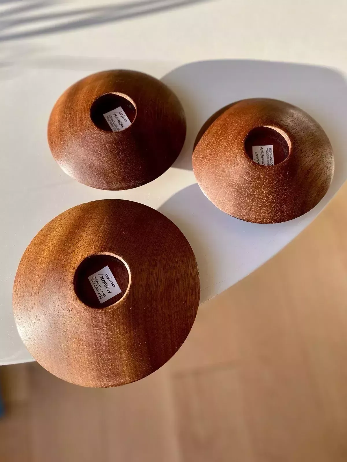 3 Retro Style Turned Mahogany Flying Saucer Tea Light Holders By Roy Hancock
