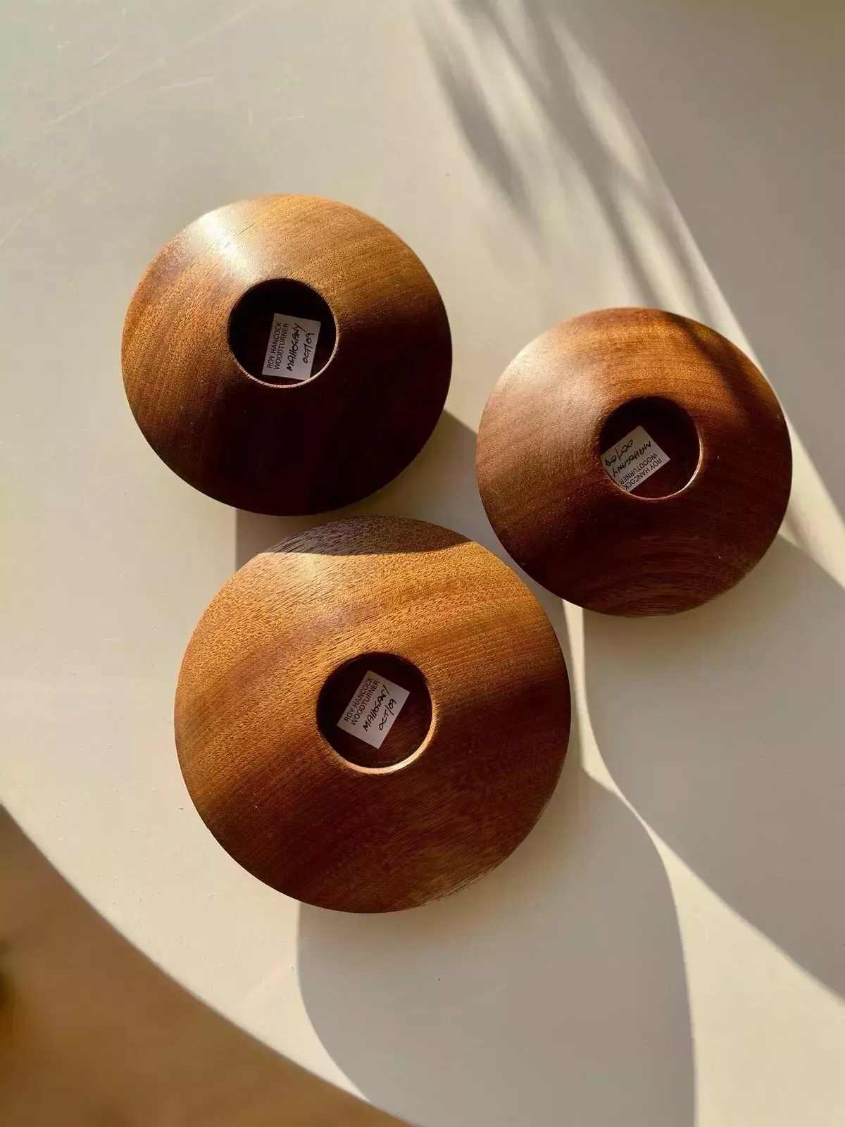3 Retro Style Turned Mahogany Flying Saucer Tea Light Holders By Roy Hancock photo 50.0