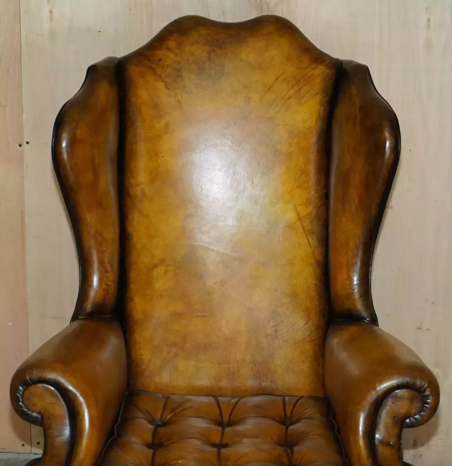 Museum Quality Restored Victorian Brown Leather Chesterfield Wingback Armchair photo for sale
