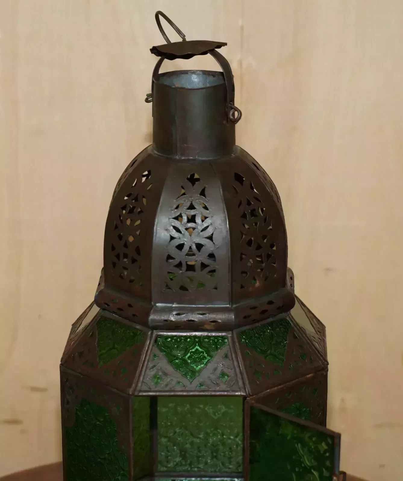 Antique Repousse Moroccan Bronzed Hanging Lantern Jade Green Glass Panels photo vintage