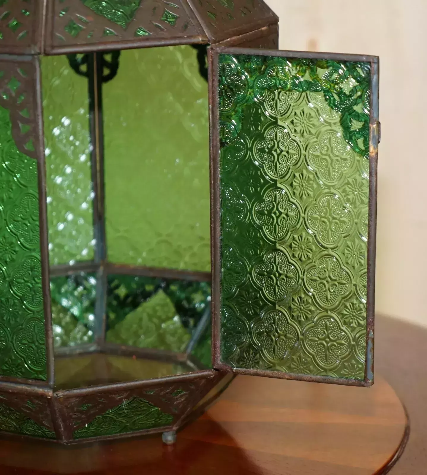 photo for sale Antique Repousse Moroccan Bronzed Hanging Lantern Jade Green Glass Panels