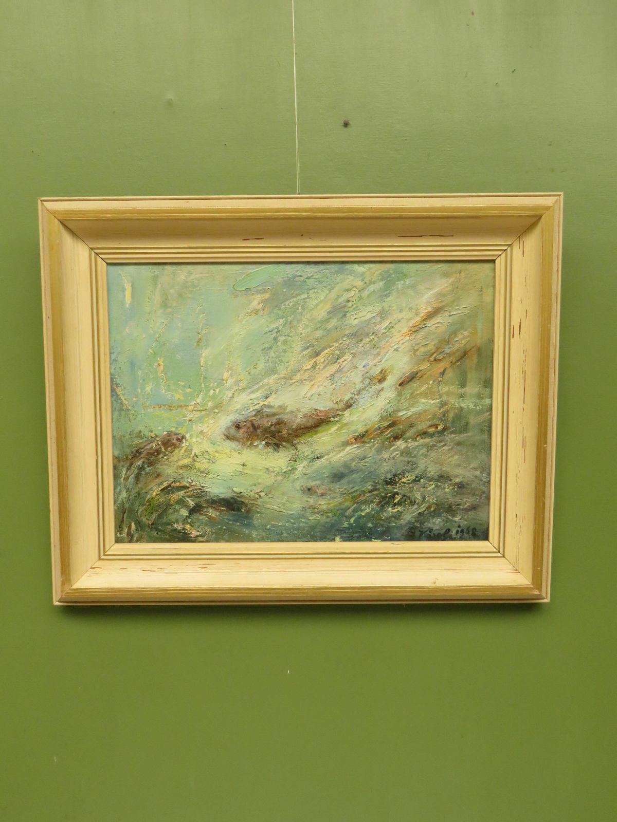 Art Framed Oil On Board 'Fish' By Karolyi, Signed And Dated 1968 photo