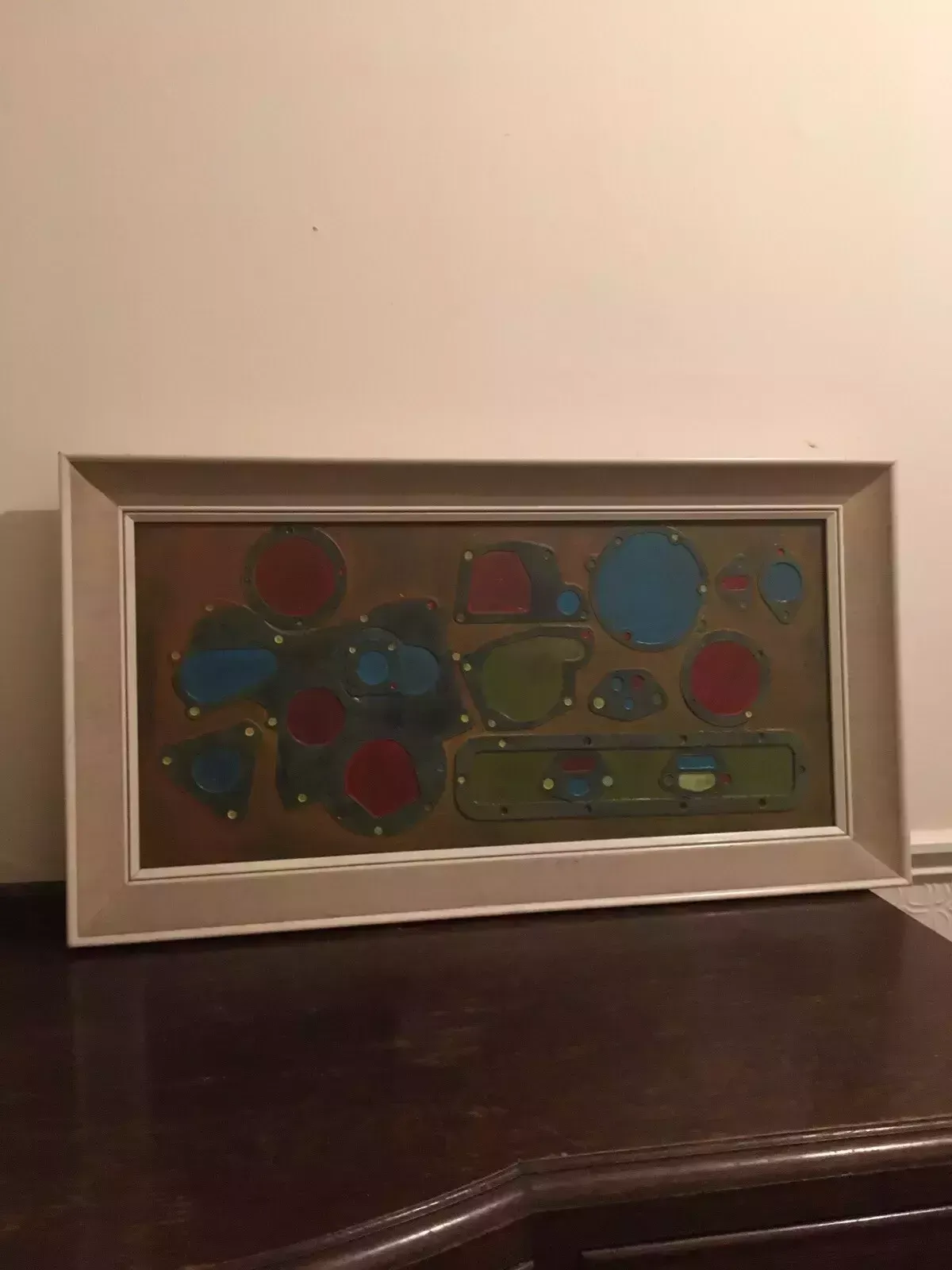 Large Industrial Modernist Oil Painting Abstract Assemblage Art 1970s Signed