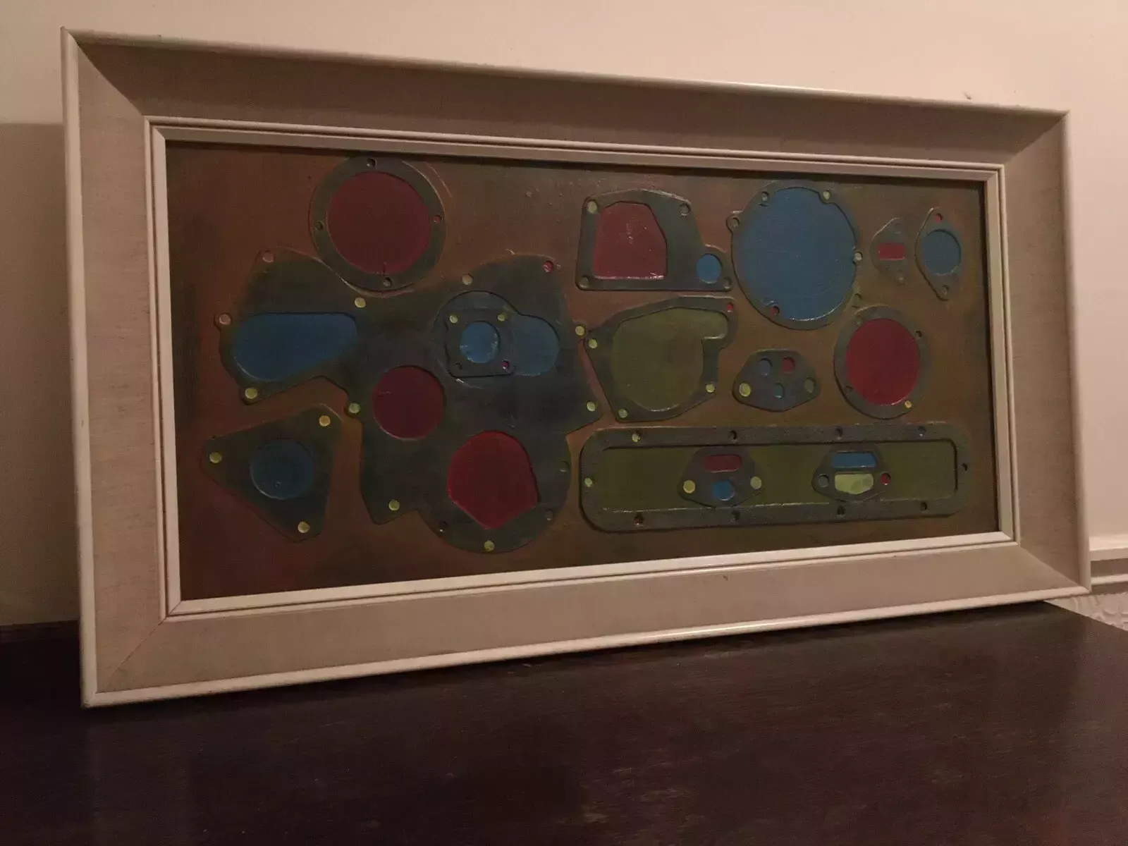Large Industrial Modernist Oil Painting Abstract Assemblage Art 1970s Signed photo furniture