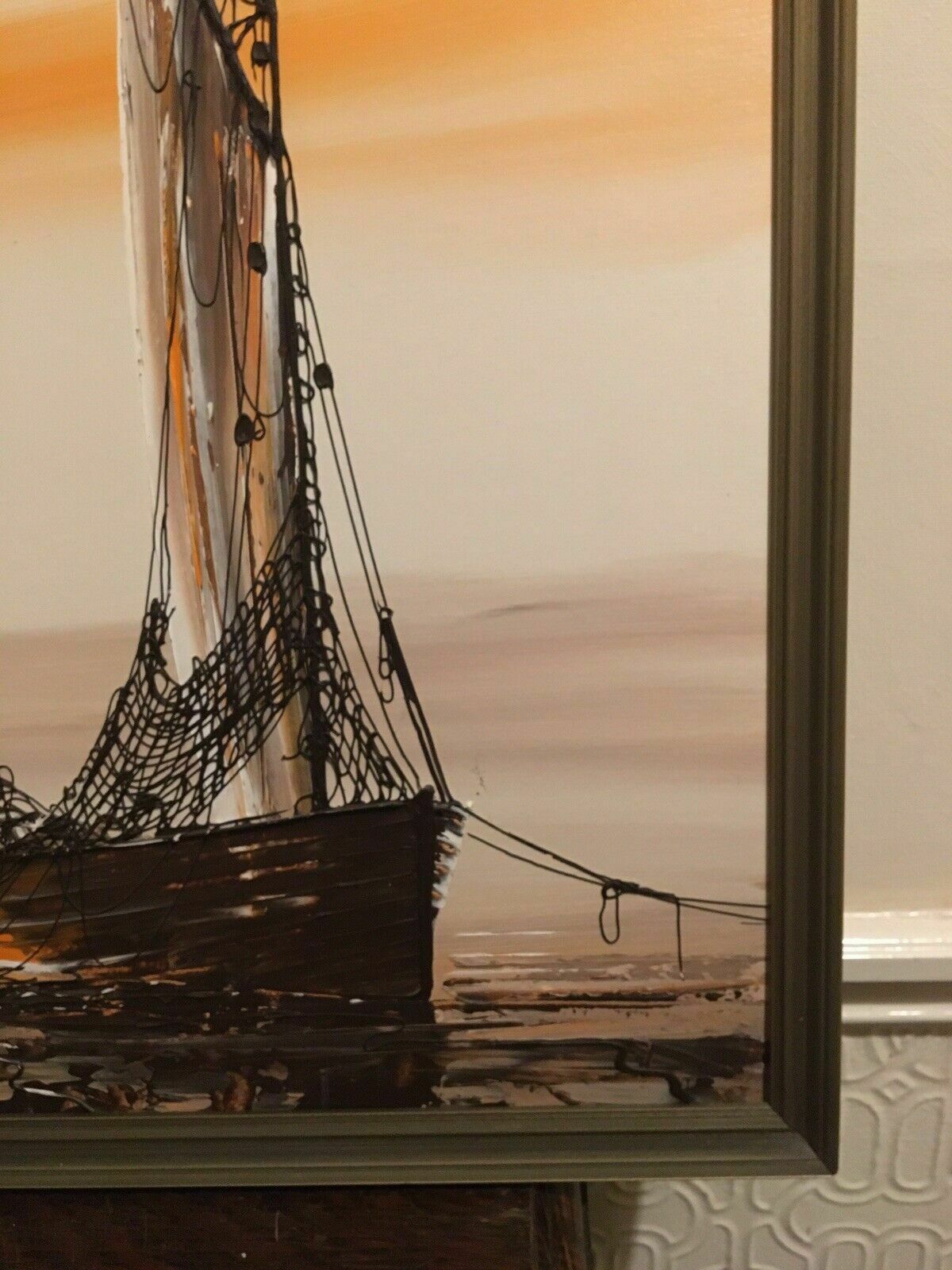 Large Vintage Oil Painting Fishing Boat Mid Century Panoramic Orange Sunset photo buy