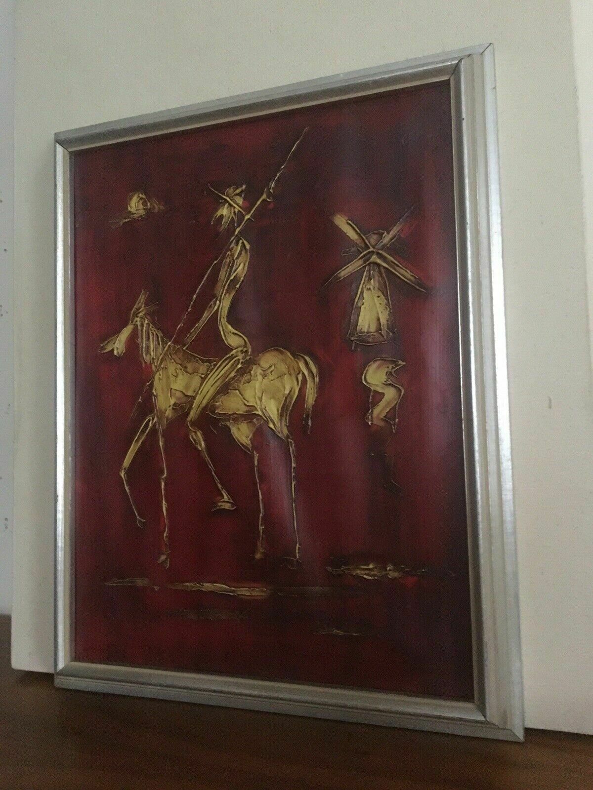 Vintage Original Impasto Painting Don Quixote Windmill Swedish Framed Art Midc20 photo furniture