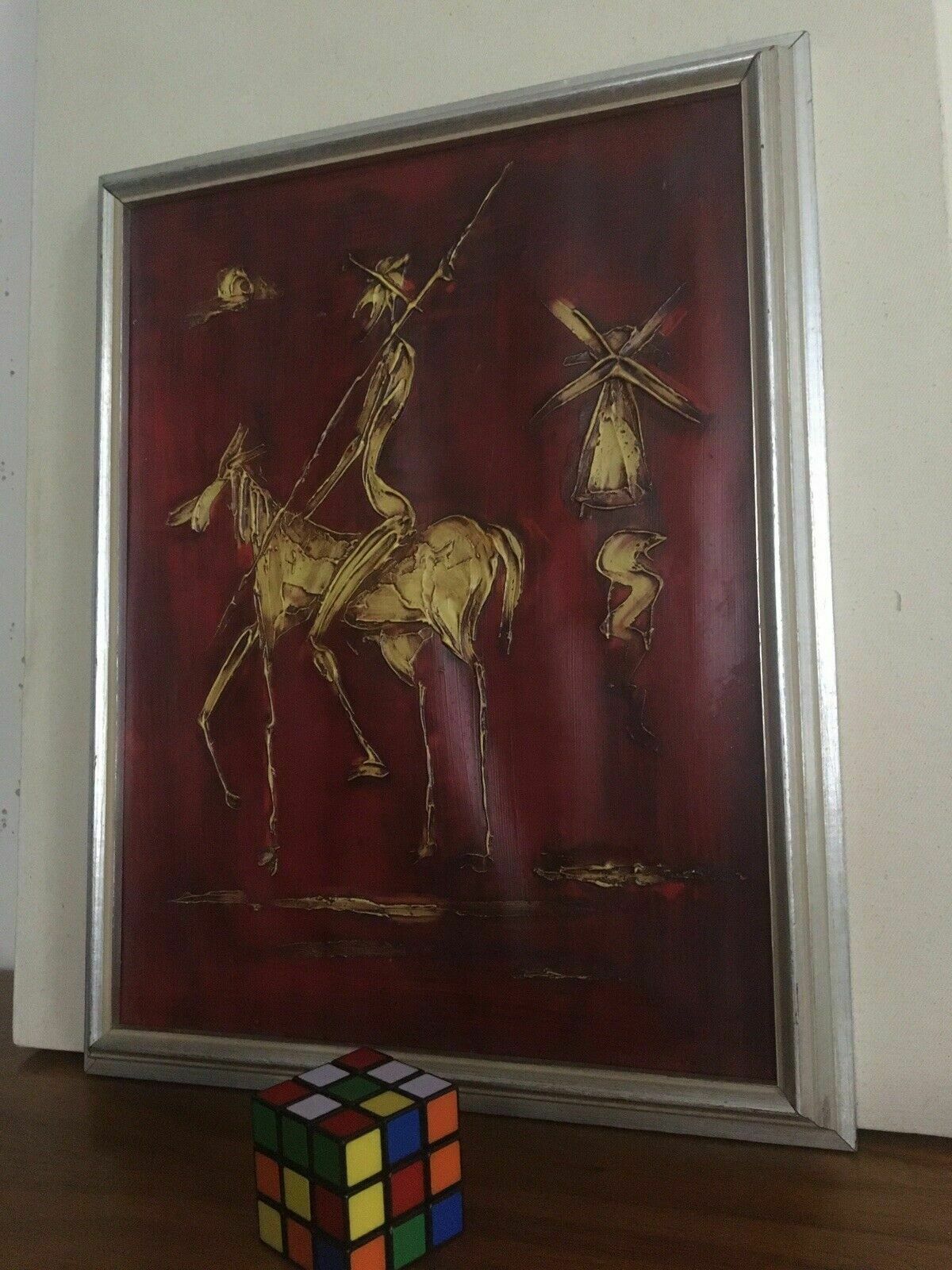Vintage Original Impasto Painting Don Quixote Windmill Swedish Framed Art Midc20 photo for sale