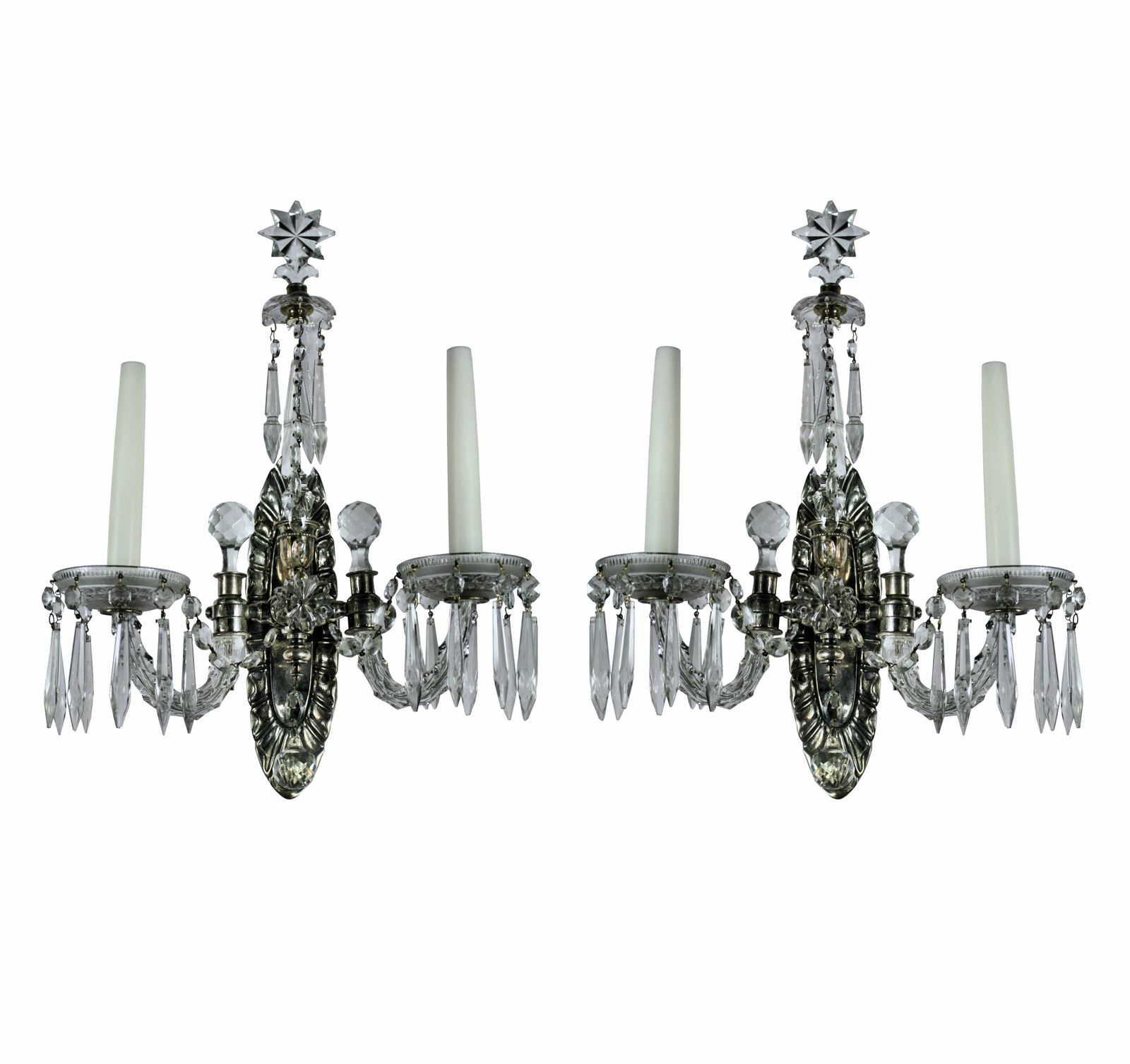 A Pair Of Silver & Cut Glass Twin Branch Wall Lights
