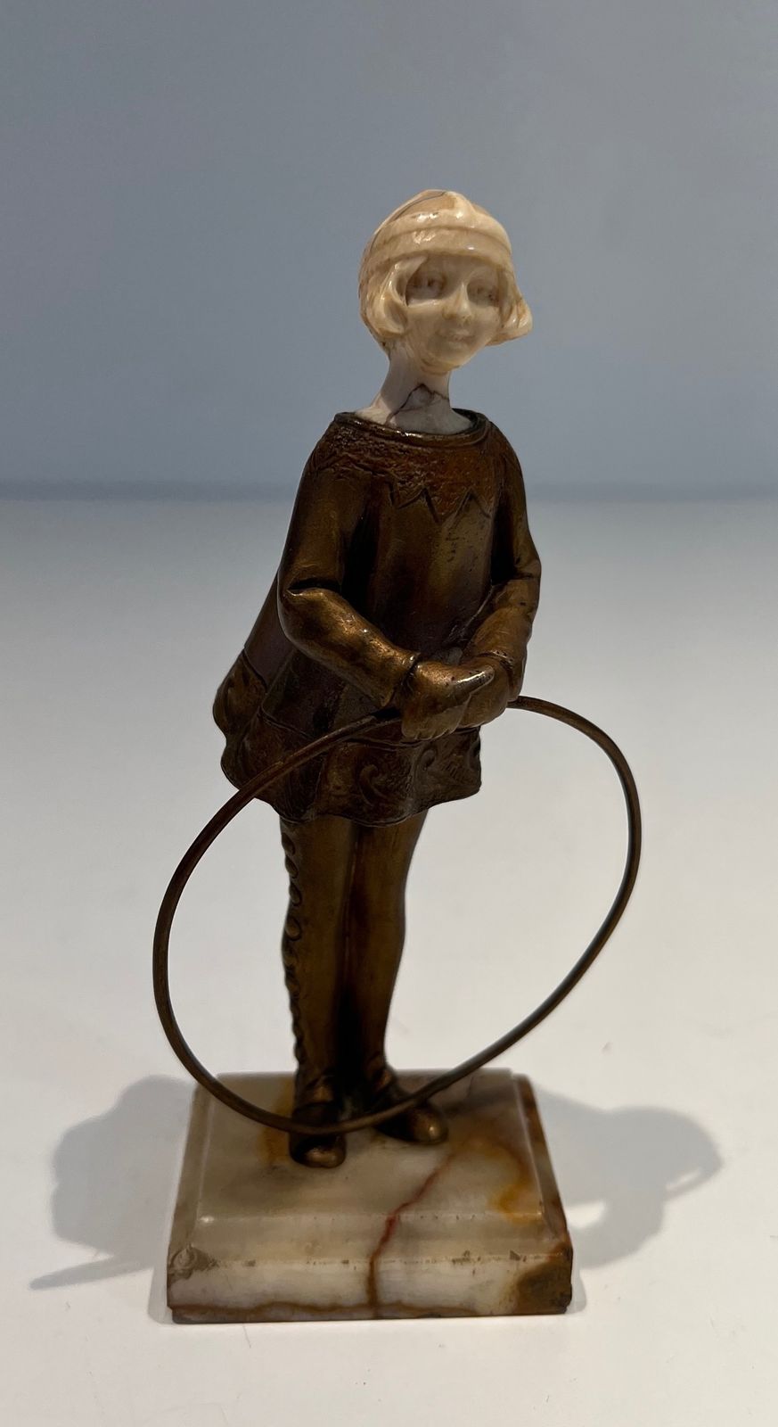 Chryselephantine Representing A Young Girl With A Hoop Signed Bertrand On Its Onyx Base
