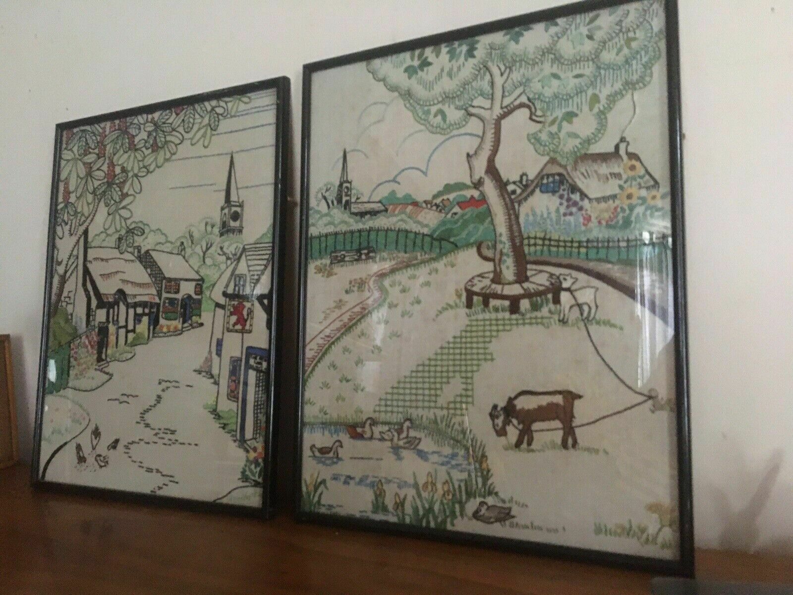 Art Pair Of Vintage/Antique Needlework Embroidered Pictures Framed Textile Art Deco photo